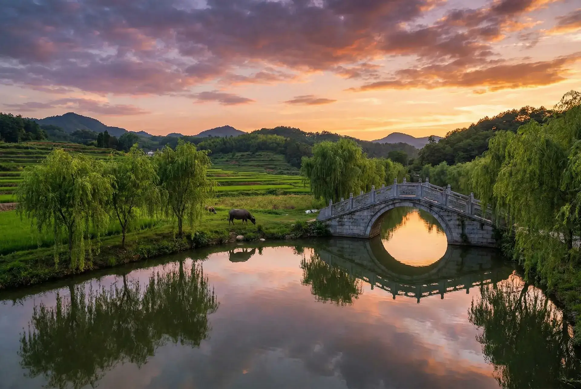 夕阳下的石拱桥与垂柳，水牛在河边吃草 - 999QV 乡村美景
